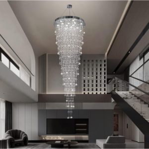 Modern Raindrop Crystal Chandelier: Elevate your space with our Modern Raindrop Crystal Chandelier, boasting a diameter of 32 inches and a height of 96 inches.