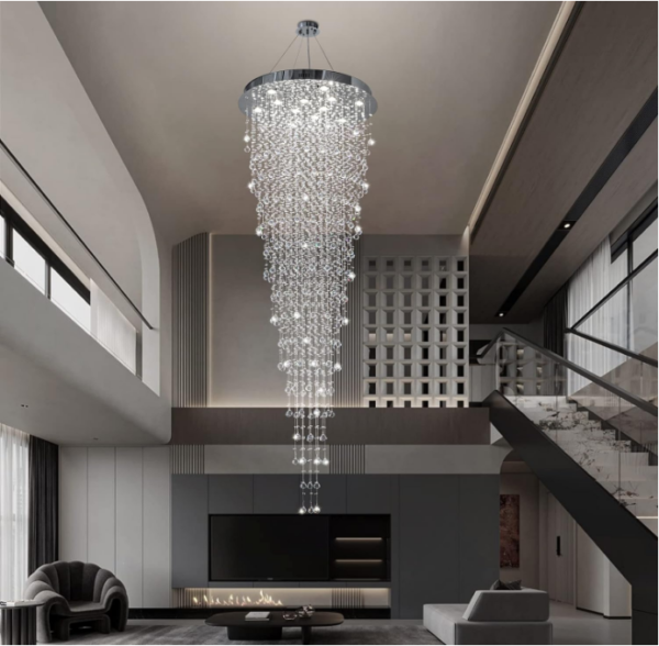 Modern Raindrop Crystal Chandelier: Elevate your space with our Modern Raindrop Crystal Chandelier, boasting a diameter of 32 inches and a height of 96 inches.