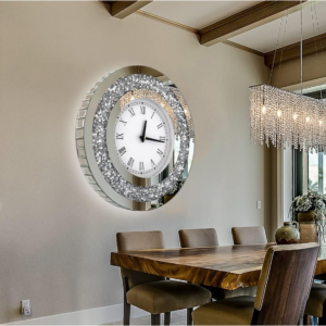 Silver Crystal Sparkle Mirror Wall Clock: Enhance your wall decor with our Silver Crystal Sparkle Mirror Wall Clock.