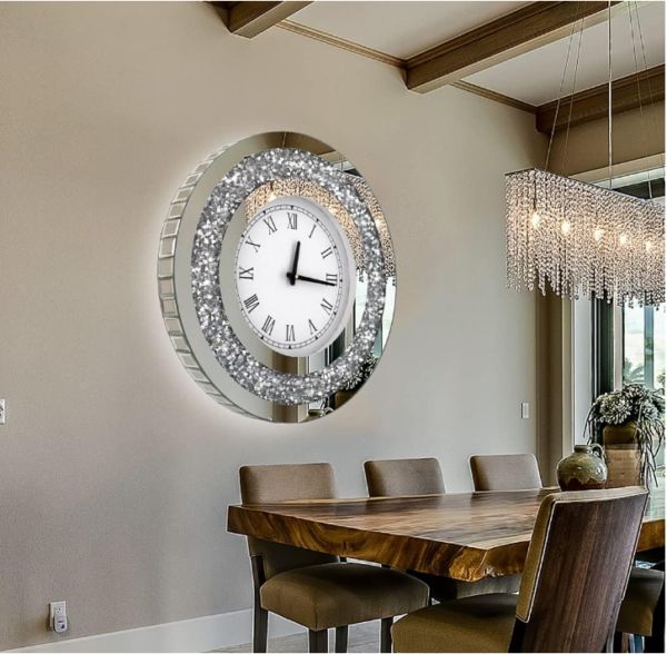 Silver Crystal Sparkle Mirror Wall Clock: Enhance your wall decor with our Silver Crystal Sparkle Mirror Wall Clock.