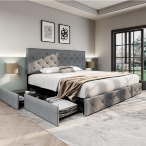 Diamond Tufted King Bed with Storage: Elevate your bedroom with the epitome of functionality and style - the Diamond Tufted King Bed with Storage in Light Grey.