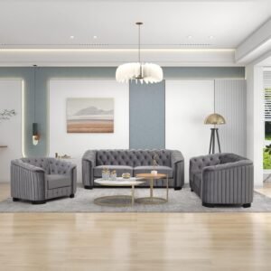 Gray Velvet Living Room Furniture Set: Elevate your living space with our Gray Velvet Living Room Furniture Set, featuring a luxurious sofa, loveseat, and chair.