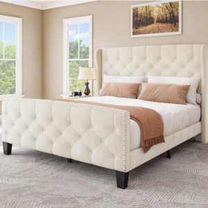 Wingback Velvet Queen Bed Frame, Beige: Elevate your bedroom décor with our Wingback Velvet Queen Bed Frame in elegant beige.