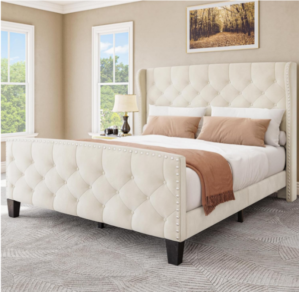 Wingback Velvet Queen Bed Frame, Beige: Elevate your bedroom décor with our Wingback Velvet Queen Bed Frame in elegant beige.
