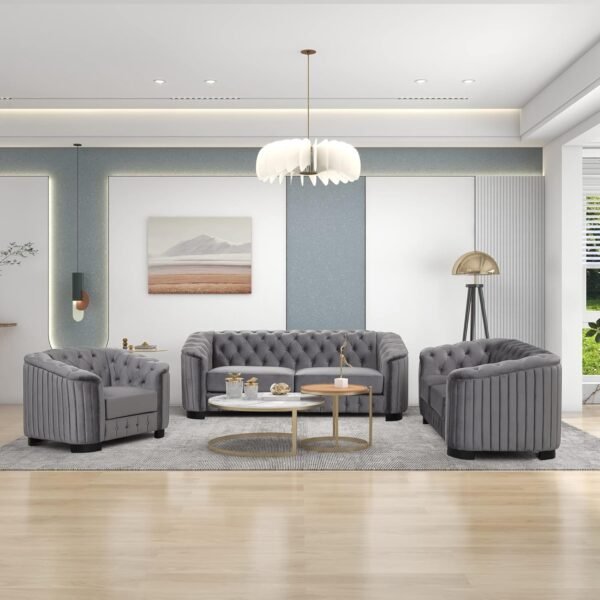 Gray Velvet Living Room Furniture Set: Elevate your living space with our Gray Velvet Living Room Furniture Set, featuring a luxurious sofa, loveseat, and chair.