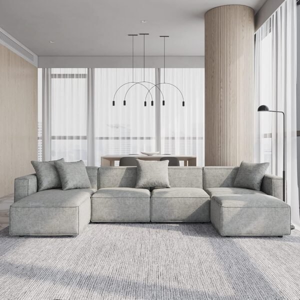 Chenille Grey U-Shape Sectional Sofa Set: Transform your living room into a stylish haven with our Chenille Grey U-Shape Sectional Sofa Set, complete with a versatile ottoman.