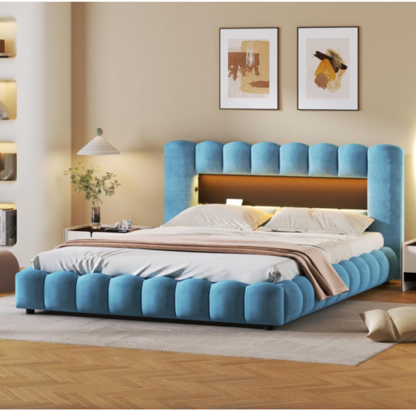 LED Headboard Queen Bed: Indulge in modern luxury with our LED Headboard Queen Bed featuring convenient USB ports and a striking blue upholstery.