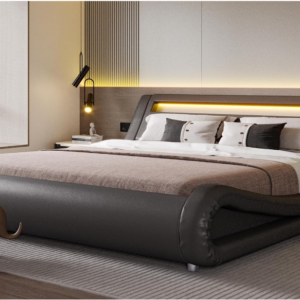 LED King Upholstered Bed: Illuminate your bedroom with the epitome of modern elegance - the SHA CERLIN LED King Upholstered Bed. This deluxe piece features a sleek design and a low-profile sleigh silhouette, effortlessly blending sophistication with contemporary style.