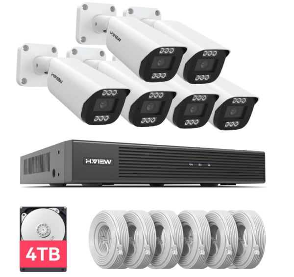 Elevate your home security with the H.VIEW 8CH 4K HD Security System, featuring six high-definition cameras and a preinstalled 4TB HDD for ample storage.