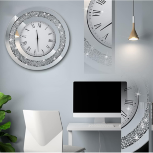 Laumoi Silver Mirror Crystal Clock: Elevate your space with our Laumoi Silver Mirror Crystal Clock, the epitome of glam wall decor.