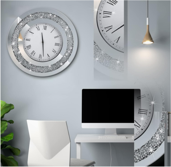 Laumoi Silver Mirror Crystal Clock: Elevate your space with our Laumoi Silver Mirror Crystal Clock, the epitome of glam wall decor.