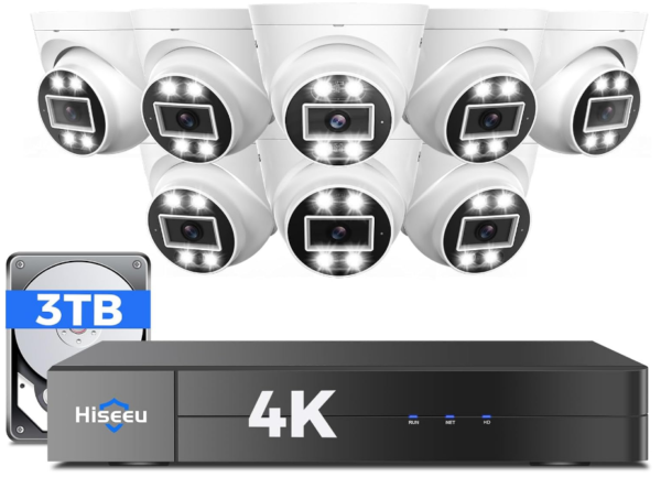 Experience robust surveillance with the Hiseeu 8MP/4K PoE Security System, featuring 8 cameras and a spacious 3TB HDD for ample storage.