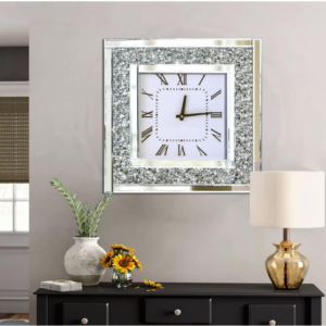 Silver Crystal Sparkle Mirror Wall Clock: Adorn your wall with our Silver Crystal Sparkle Mirror Wall Clock, a dazzling 20x20-inch timepiece.