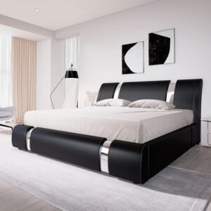 Experience contemporary luxury with the Allewie King Platform Bed. Its curved headboard exudes sophistication, while iron décor adds a touch of industrial chic.