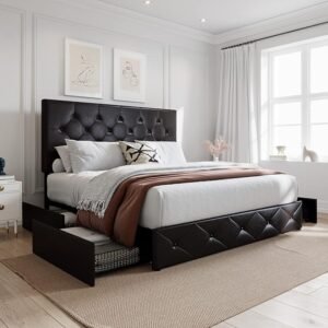 Experience the ultimate blend of style and functionality with the SHA CERLIN King Platform Storage Bed. Featuring a luxurious diamond-tufted headboard,