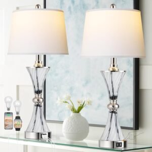 Brighten your space with the Coastal Glass Bedside Lamps Set, a blend of modern functionality and coastal charm.