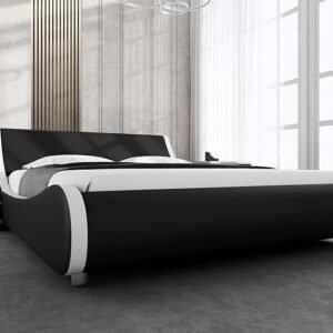 Experience modern elegance with the Allewie Queen Sleigh Bed. Crafted with a sleek faux leather headboard, it adds sophistication to any bedroom.